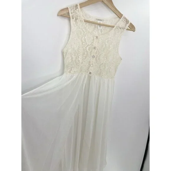 Nicolette Ivory Lace Sheer Bodice Dress Size L Slits Flowy, Fairycore, Flaw - Picture 5 of 13